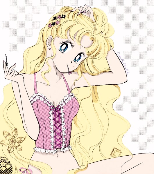 Anime picture 1555x1762 with bishoujo senshi sailor moon toei animation tsukino usagi single long hair tall image looking at viewer blue eyes light erotic blonde hair sitting bare shoulders signed nail polish sleeveless underwear only crossed legs checkered background girl navel