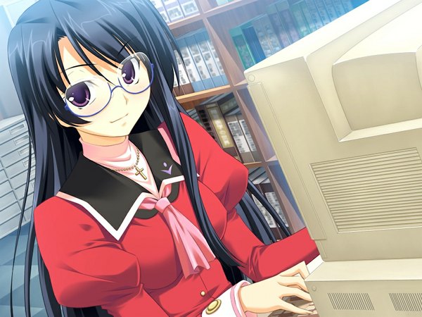 Anime picture 1024x768 with school love! 3 amamiya yuuri long hair black hair purple eyes game cg girl glasses serafuku