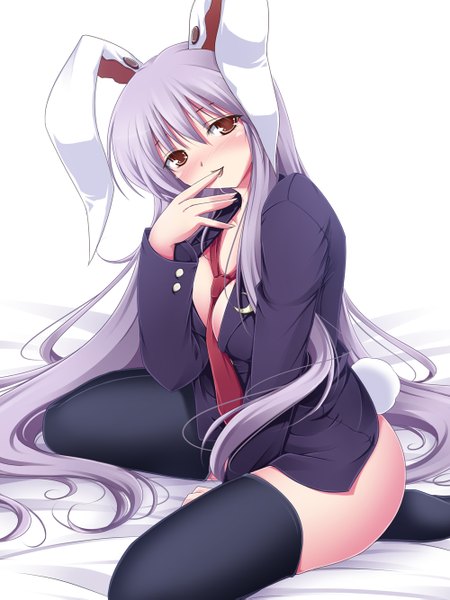 Anime picture 1000x1333 with touhou reisen udongein inaba meso (gjmeso) single long hair tall image looking at viewer blush light erotic red eyes purple hair bunny ears finger to mouth girl thighhighs black thighhighs shirt necktie
