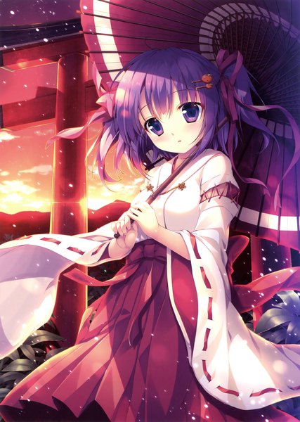 Anime picture 2492x3500 with original mikeou single tall image looking at viewer highres short hair purple eyes purple hair traditional clothes japanese clothes scan official art evening sunset miko girl ribbon (ribbons) hair ribbon umbrella