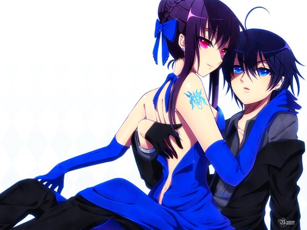 Anime picture 1500x1125 with original banri long hair looking at viewer short hair blue eyes black hair red eyes white background bare shoulders tattoo couple hug girl dress boy gloves bow hair bow elbow gloves