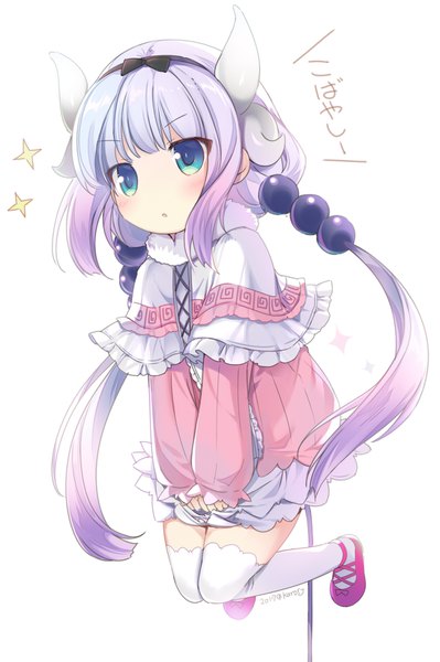 Anime picture 1091x1640 with kobayashi-san chi no maidragon kyoto animation kanna kamui karory single long hair tall image blush fringe simple background white background twintails payot looking away purple hair full body tail blunt bangs horn (horns) aqua eyes