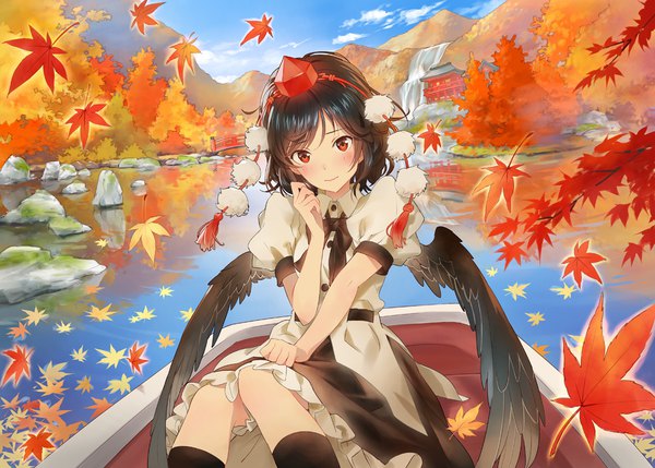 Anime picture 1100x788 with touhou shameimaru aya matsuda (matsukichi) single looking at viewer blush fringe short hair black hair smile red eyes sitting sky cloud (clouds) outdoors wind short sleeves puffy sleeves reflection mountain