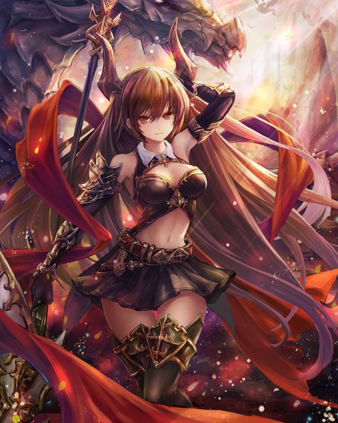 Anime picture 1356x1695 with shingeki no bahamut shadowverse forte (shingeki no bahamut) saya kuroha single tall image short hair breasts smile red eyes brown hair very long hair pleated skirt sunlight sparkle zettai ryouiki fantasy sunbeam girl skirt