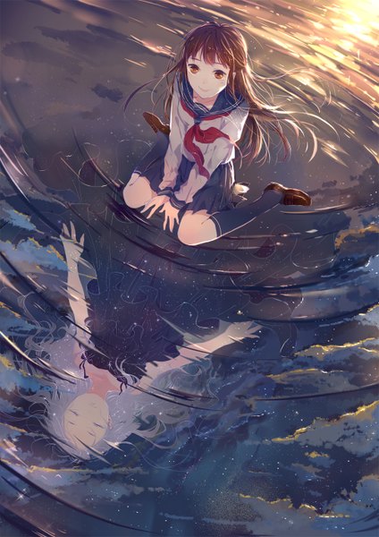 Anime picture 1000x1414 with original yuxia xianyin long hair tall image looking at viewer blush brown hair sitting bare shoulders multiple girls brown eyes sky cloud (clouds) eyes closed grey hair sunlight reflection ripples girl dress