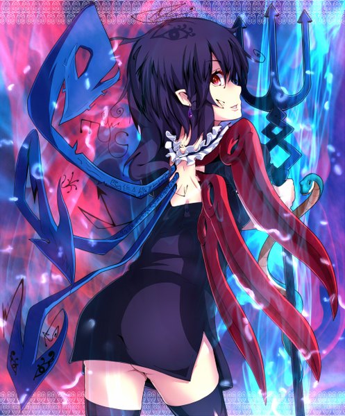Anime picture 1013x1221 with touhou houjuu nue pesogiso single tall image short hair light erotic black hair red eyes looking back girl thighhighs dress white thighhighs wings spear