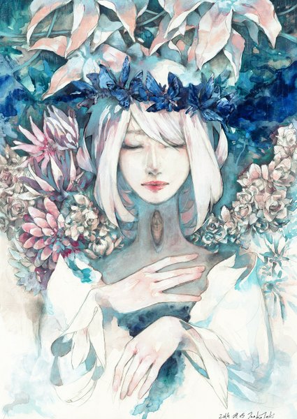 Anime picture 992x1400 with original futami jun single tall image fringe short hair white hair eyes closed lips eyebrows girl flower (flowers) insect butterfly wreath bug