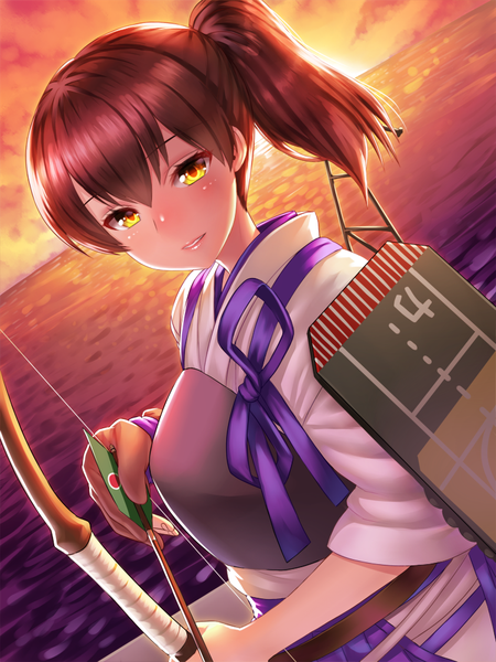 Anime picture 750x1000 with kantai collection kaga aircraft carrier yapo (croquis side) single tall image looking at viewer blush short hair brown hair yellow eyes ponytail traditional clothes japanese clothes side ponytail evening sunset twilight girl weapon sea