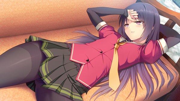 Anime picture 1280x720 with aisare roommate housenji yui single long hair black hair wide image game cg lying pink eyes girl skirt uniform school uniform pantyhose necktie couch