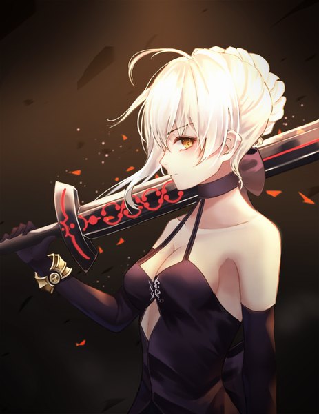 Anime picture 1800x2329 with fate (series) fate/grand order artoria pendragon (all) saber alter cup6542 single tall image looking at viewer blush fringe highres short hair breasts light erotic simple background blonde hair hair between eyes standing bare shoulders holding