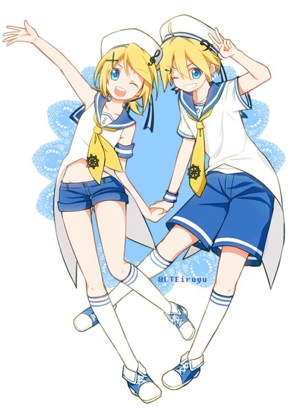 Anime picture 828x1130 with vocaloid kagamine rin kagamine len iruyu tall image looking at viewer short hair open mouth blue eyes blonde hair smile white background signed one eye closed wink bare belly outstretched arm holding hands victory twins