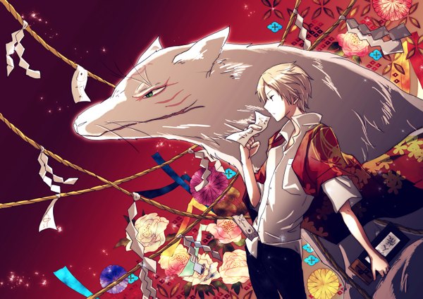 Anime picture 1500x1061 with natsume yuujinchou brains base (studio) natsume takashi madara (nyanko-sensei) hikatuyume short hair blonde hair green eyes profile open collar clothes on shoulders boy flower (flowers) animal shirt book (books) paper rope