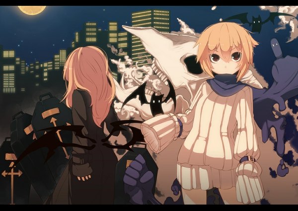 Anime picture 1024x724 with original dracula (fuurin) mina harker (fuurin) fuurin (omaemona) long hair short hair blonde hair red eyes multiple girls long sleeves night letterboxed girl 2 girls wings scarf moon star (stars) cloak cross