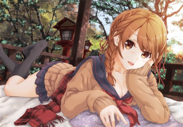 Anime picture 1163x809 with original sahara386 single long hair looking at viewer fringe open mouth light erotic brown hair brown eyes outdoors lying braid (braids) pleated skirt sunlight crossed legs single braid on stomach hand on face chin rest