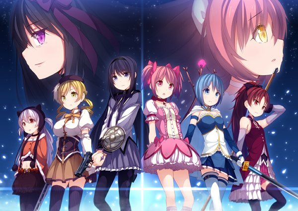 Anime picture 1000x707 with mahou shoujo madoka magica shaft (studio) akemi homura kaname madoka sakura kyouko miki sayaka tomoe mami goddess madoka akuma homura momoe nagisa siva (executor) long hair short hair blue eyes black hair blonde hair red eyes twintails purple eyes multiple girls