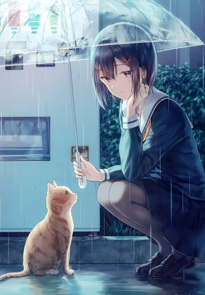 Anime picture 2406x3464 with original hiten (hitenkei) single tall image fringe highres short hair black hair purple eyes holding full body bent knee (knees) outdoors long sleeves arm support looking down rain squat head rest transparent umbrella