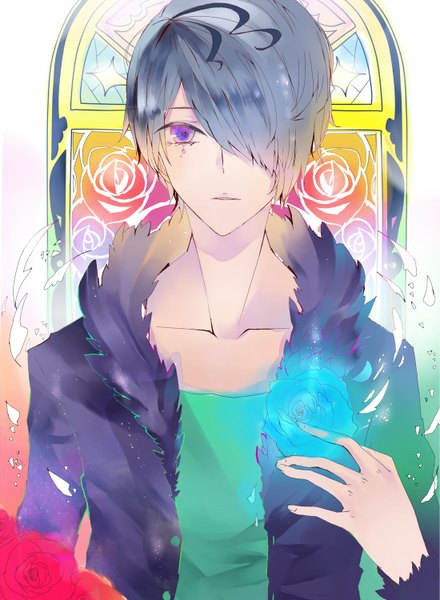 Anime picture 1100x1500 with ib (game) garry (ib) single tall image fringe short hair purple eyes grey hair hair over one eye boy flower (flowers) petals coat blue rose