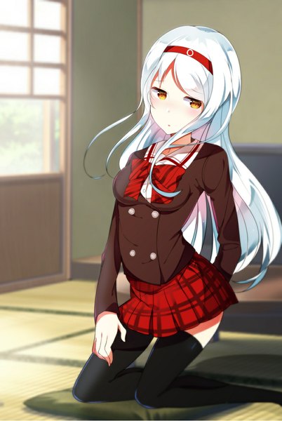 Anime picture 800x1193 with kantai collection shoukaku aircraft carrier totohira single long hair tall image blush fringe breasts yellow eyes looking away white hair pleated skirt :o plaid skirt plaid girl thighhighs skirt uniform