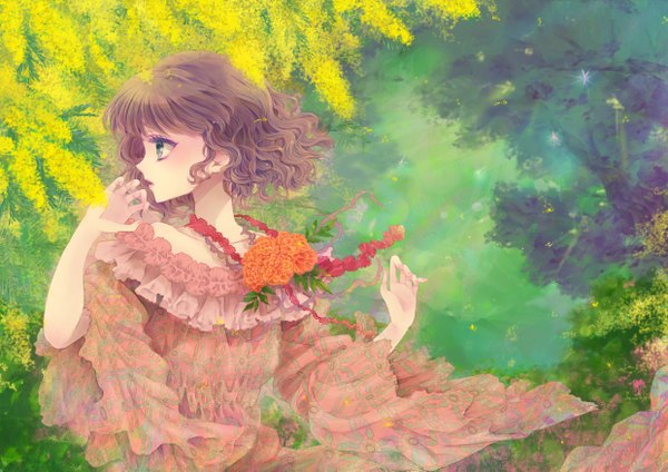 Anime picture 2480x1753 with original amanett single fringe highres short hair open mouth brown hair bare shoulders green eyes profile wavy hair eyeshadow girl dress flower (flowers) plant (plants) tree (trees) choker frills