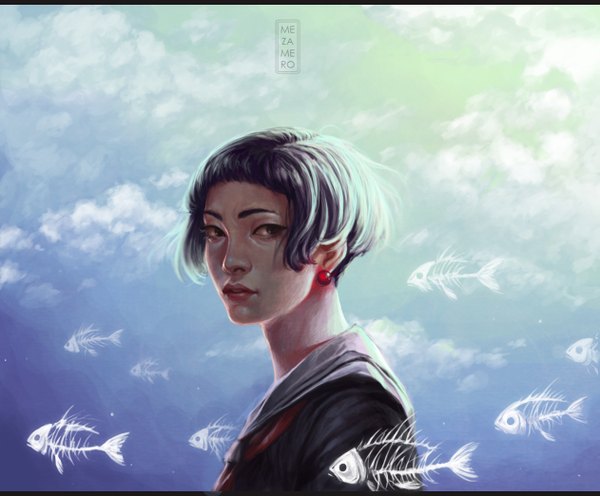 Anime picture 1261x1044 with mezamero single short hair black hair signed sky cloud (clouds) lips black eyes bone (bones) girl earrings serafuku fish (fishes)