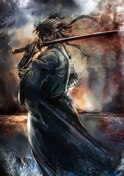 Аниме картинка 1241x1755 с бродяга кэнсин shishio makoto bccp один (одна) высокое изображение смотрит на зрителя короткие волосы чёрные волосы традиционная одежда японская одежда ветер мужчина оружие меч катана бинт (бинты) юката
