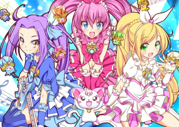 Anime picture 1689x1194 with precure suite precure toei animation houjou hibiki minamino kanade seiren (suite precure) cure melody cure rhythm hummy (suite precure) cure beat fairy tone dodory noumin (artist) long hair open mouth blue eyes blonde hair smile twintails multiple girls
