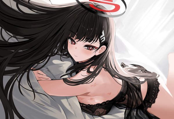 Anime picture 3280x2259 with blue archive rio (blue archive) yuki (asayuki101) single long hair looking at viewer blush fringe highres breasts light erotic black hair red eyes large breasts absurdres lying blunt bangs from above sweat underwear only