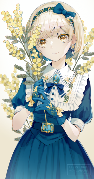 Anime picture 2894x5452 with original hitoba single tall image looking at viewer fringe highres short hair simple background blonde hair smile standing white background holding signed yellow eyes blunt bangs multicolored hair arms up short sleeves
