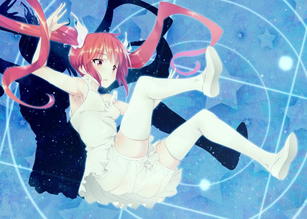 Anime picture 3500x2500 with haiyore! nyaruko-san cthugha (nyaruko-san) kanata (pixiv1305983) single long hair highres red eyes twintails absurdres red hair girl thighhighs dress white thighhighs star (symbol) star (stars) sundress