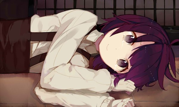 Anime picture 1095x660 with original mazonano (artist) looking at viewer fringe short hair smile wide image purple eyes purple hair lying light smile tears on side crying girl buttons