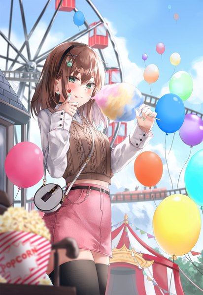 Anime picture 1500x2184 with original lkeris single long hair tall image looking at viewer blush fringe smile hair between eyes brown hair standing holding green eyes payot sky cloud (clouds) outdoors long sleeves nail polish