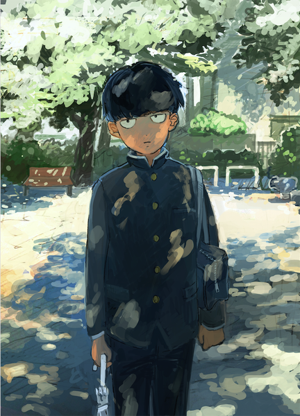 Anime picture 633x879 with mob psycho 100 studio bones kageyama shigeo minahamu single tall image fringe short hair black hair holding looking away outdoors blunt bangs parted lips black eyes sunlight closed umbrella boy uniform plant (plants)