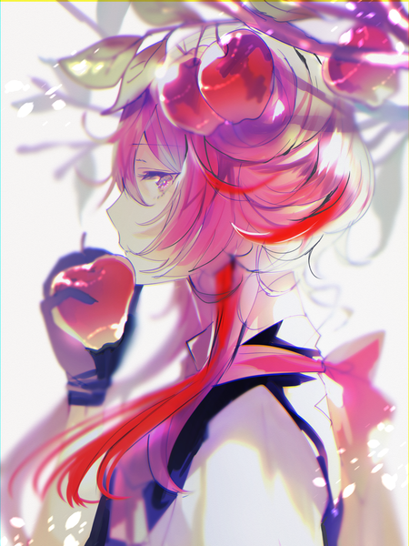 Anime picture 1000x1333 with original poni (rito) single long hair tall image looking at viewer purple eyes holding pink hair profile portrait androgynous gloves black gloves fruit branch apple