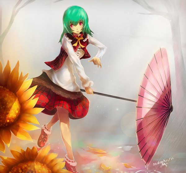 Anime picture 1000x933 with touhou kazami yuuka single fringe short hair red eyes signed sunlight rain girl skirt flower (flowers) petals shoes umbrella skirt set sunflower