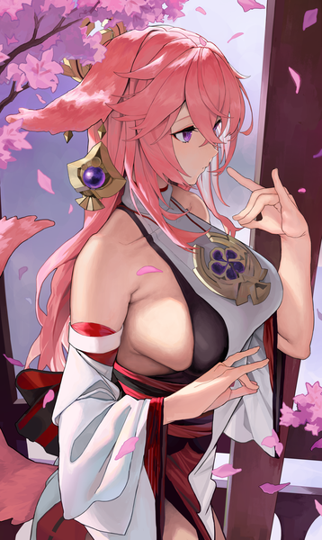 Anime picture 1650x2767 with genshin impact yae miko b:ga single long hair tall image fringe breasts light erotic hair between eyes large breasts standing purple eyes bare shoulders animal ears looking away pink hair tail traditional clothes japanese clothes