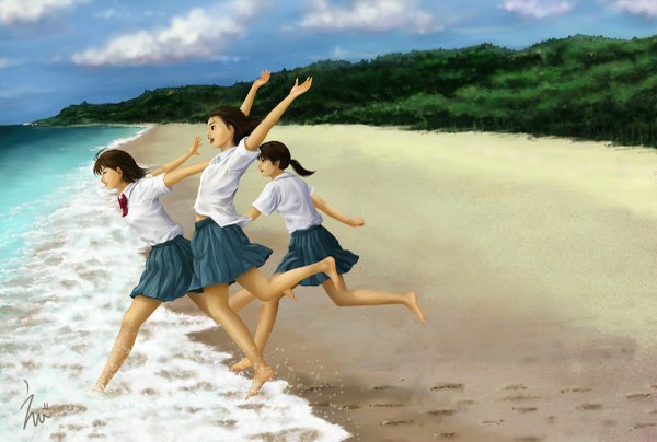 Anime picture 1200x809 with original ebi (eeotoko) short hair black hair multiple girls sky cloud (clouds) barefoot realistic arms up beach girl skirt uniform school uniform miniskirt shirt sea 3 girls