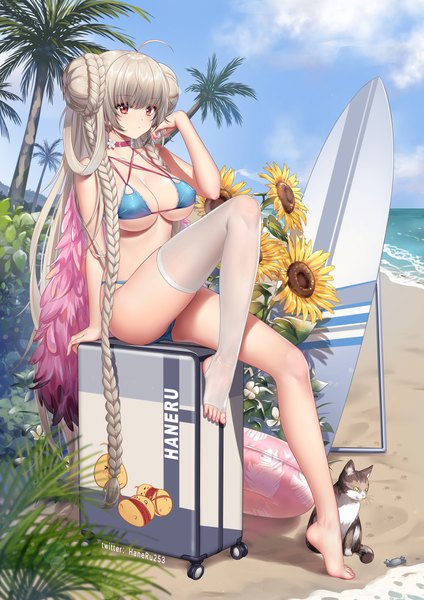 Anime picture 2894x4093 with azur lane manjuu (azur lane) formidable (azur lane) formidable (the lady of the beach) (azur lane) haneru single tall image looking at viewer blush fringe highres breasts light erotic hair between eyes red eyes large breasts sitting signed payot sky