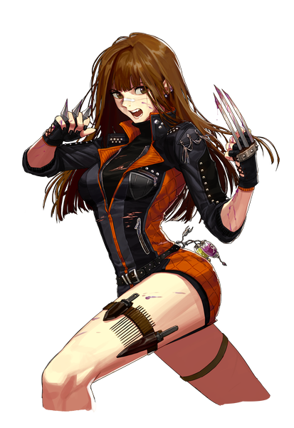 Anime picture 2710x3931 with dungeon and fighter single long hair tall image looking at viewer highres open mouth brown hair brown eyes teeth fang (fangs) legs transparent background bandaid on nose girl weapon jacket shorts fingerless gloves blood