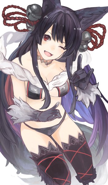 Anime picture 1200x2048 with granblue fantasy yuel (granblue fantasy) emo863063 single long hair tall image looking at viewer fringe breasts open mouth light erotic black hair simple background smile red eyes white background bare shoulders animal ears payot tail