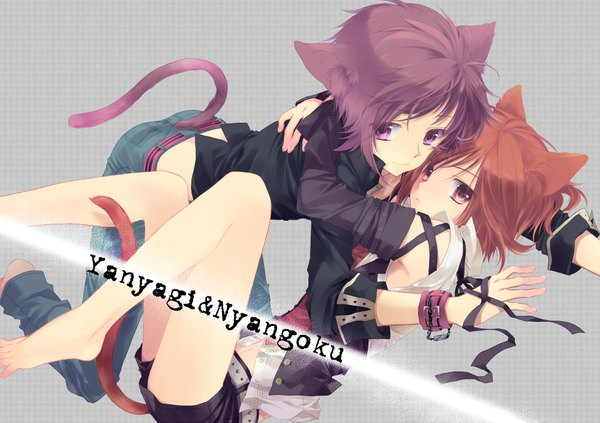 Anime picture 2000x1413 with hori-san to miyamura-kun sengoku kakeru yanagi akane sakura neko highres short hair purple eyes animal ears purple hair tail animal tail light smile cat ears orange hair inscription grey background cat girl cat tail hug kneeling