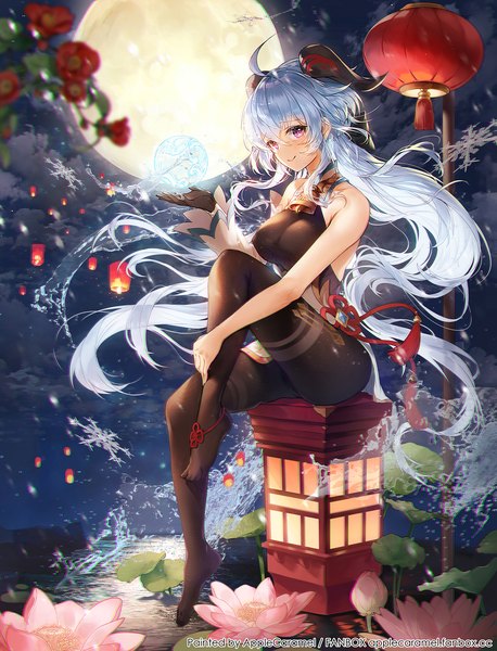 Anime picture 1200x1573 with genshin impact ganyu (genshin impact) apple caramel single tall image looking at viewer fringe breasts light erotic smile hair between eyes large breasts sitting purple eyes bare shoulders signed payot blue hair cloud (clouds) full body