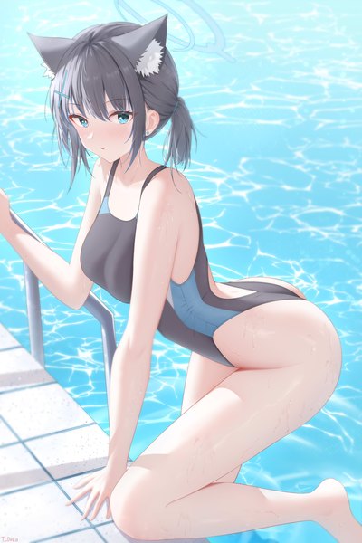 Anime picture 4000x6000 with blue archive shiroko (blue archive) shiroko (swimsuit) (blue archive) doraski single tall image looking at viewer blush fringe highres short hair breasts blue eyes light erotic hair between eyes animal ears payot absurdres bent knee (knees) ass