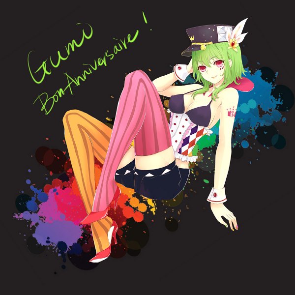Anime picture 1200x1200 with vocaloid killer lady (vocaloid) gumi ringovalent single looking at viewer short hair light erotic smile bare shoulders cleavage nail polish pink eyes green hair inscription tattoo character names arms behind head happy birthday multicolored