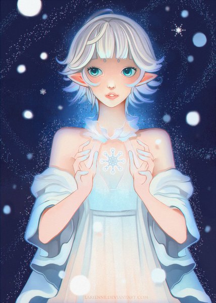 Anime picture 755x1057 with original larienne single tall image blush fringe short hair blue eyes bare shoulders looking away white hair blunt bangs parted lips pointy ears off shoulder sparkle magic snowing blue background snow