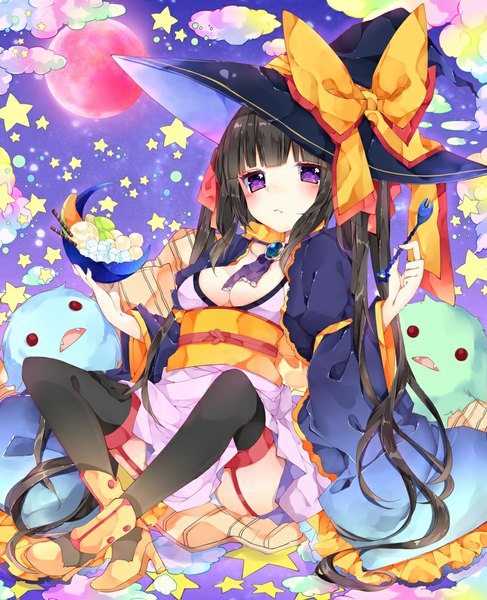 Anime picture 858x1057 with original chico152 single long hair tall image looking at viewer blush fringe breasts light erotic black hair sitting purple eyes cloud (clouds) bent knee (knees) high heels witch crescent red moon girl