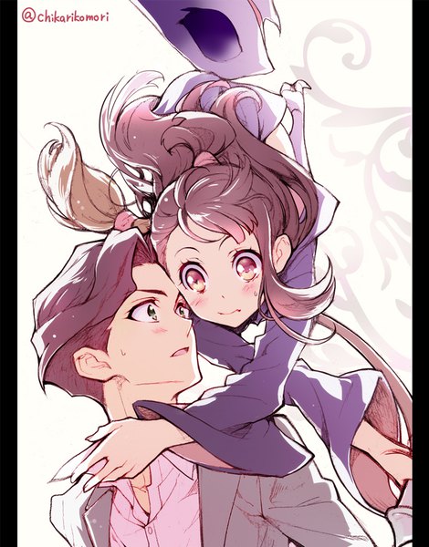 Anime-Bild 784x1000 mit little witch academia studio trigger kagari atsuko andrew hanbridge chikariya long hair tall image blush short hair red eyes brown hair green eyes signed yellow eyes embarrassed hug twitter username turning head face to face witch