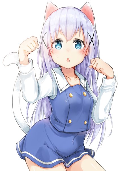Anime picture 3541x5016 with gochuumon wa usagi desu ka? white fox kafuu chino nosetissue single long hair tall image looking at viewer blush fringe highres breasts open mouth blue eyes simple background hair between eyes white background animal ears absurdres purple hair