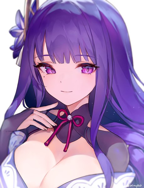 Anime picture 1000x1306 with genshin impact raiden shogun ainy single long hair tall image breasts light erotic large breasts purple eyes cleavage purple hair upper body light smile mole mole under eye girl bridal gauntlets