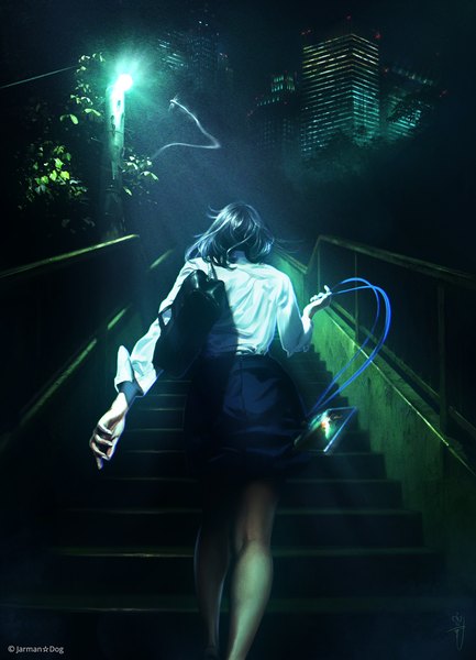 Anime picture 780x1080 with original aalge single tall image short hair black hair signed outdoors arm up from behind night from below shadow glowing girl skirt plant (plants) shirt white shirt black skirt