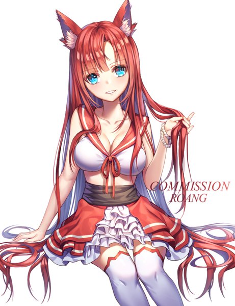 Anime picture 700x910 with original roang single tall image looking at viewer blush fringe breasts blue eyes simple background hair between eyes large breasts white background sitting signed animal ears cleavage red hair very long hair parted lips